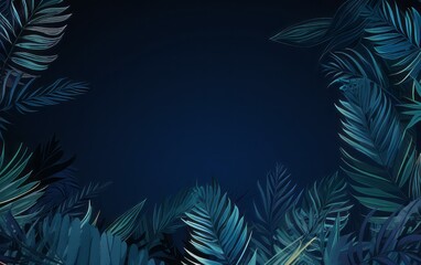 Fototapeta na wymiar sfondo tappezzeria di foglie e piante tropicali dalle tonalità blu con spazio per scrivere
