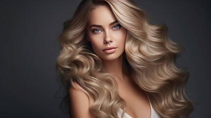 Fototapeta premium The portrait depicts a woman with dark blonde hair who has elegant wavy long hairstyles and exquisite makeup.