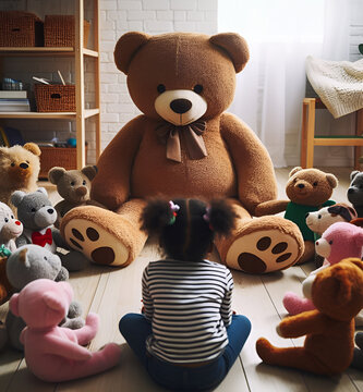 Young black girl or toddler sits in bedroom, surrounded by a semi-circle of teddy bears forming a round-table, meeting or council of sorts. At the center is a giant teddy bear.