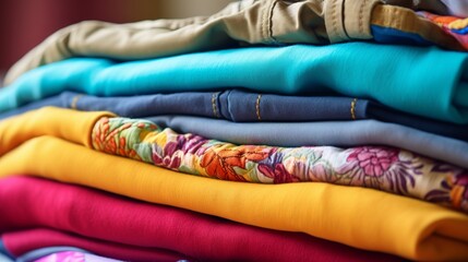 A close-up image of several pieces of multicolored clothing stacked on top of one another.