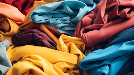 A close-up image of several pieces of multicolored clothing stacked on top of one another.