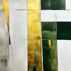 Abstract geometric painting, green, gold, and white