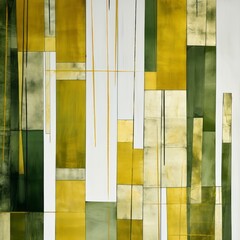 Abstract geometric painting, green, gold, and white