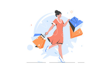 Shopping woman holding bags. Overjoyed young woman with numerous packages excited with shopping on sales. Smiling girl happy with purchases. Shopaholic, consumerism. Vector flat illustration