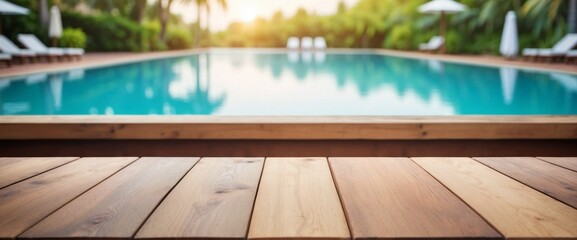 Empty Wooden Table Background Blurred Hotel Pool, Wooden Table