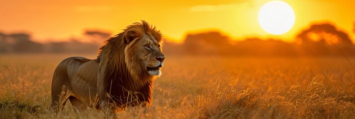 big five wildlife safari, a majestic lion in african sunset savannah