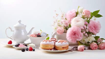 A lovely english afternoon tea set featuring baked flowers and copy space on a white background flat.