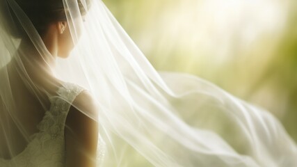 Sunlit Elegance: A Bride's Veil in Soft Focus, Horizontal Poster or Sign with Open Empty Copy Space for Text  - obrazy, fototapety, plakaty