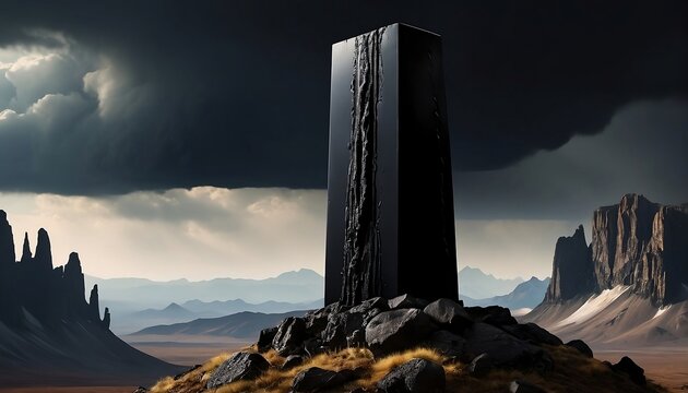 A black towering monolith in a mountainous plateau with black clouds above. Generative AI