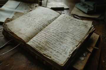 A close-up of a detective's worn notebook with scribbled notes and sketches, telling the story of the investigation. Muted earthy tones and documentary-style framing