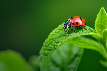 A close-up of a ladybug delicately perched on a young leaf, shot against a blurred background of lush greenery. The vivid red and black color contrast draws