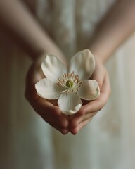 A close-up of a child's hands holding a delicate white flower, symbolizing purity and innocence. Soft, natural light enhances the ethereal atmosphere