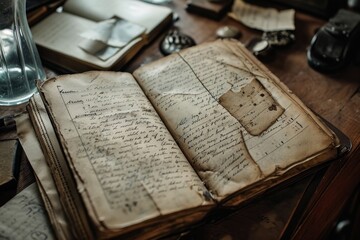 A close-up of a detective's worn notebook with scribbled notes and sketches, telling the story of the investigation. Muted earthy tones and documentary-style framing