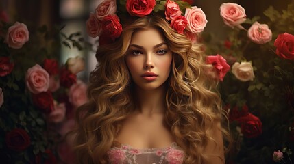 A woman who is pretty and has roses in her hair.