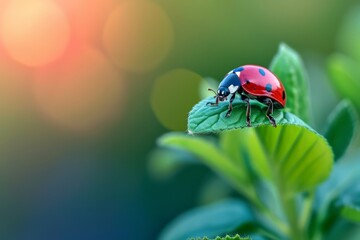A close-up of a ladybug delicately perched on a young leaf, shot against a blurred background of lush greenery. The vivid red and black color contrast draws
