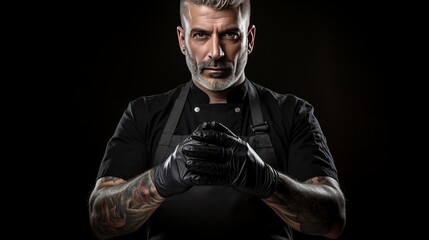 Obraz premium Black latex gloves are placed on the hands of the chef in a black shirt and apron before preparing food, and the background is black.