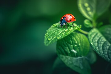 A close-up of a ladybug delicately perched on a young leaf, shot against a blurred background of lush greenery. The vivid red and black color contrast draws