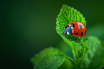 Naklejka premium A close-up of a ladybug delicately perched on a young leaf, shot against a blurred background of lush greenery. The vivid red and black color contrast draws