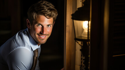 Obraz premium Portrait of handsome man looking at camera while leaning on door at night
