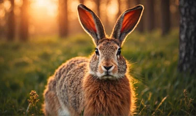 Foto op Aluminium Beautiful close-up portrait of a hare in the forest at sunset in the grass. © zlatoust198323