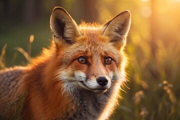 Beautiful close-up portrait of a fox in the forest at sunset in the grass.