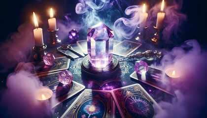 Mystic scene with tarrot cards, candles and crystals on magic table for fortune telling. Astrology and Esoteric concept. AI generated.