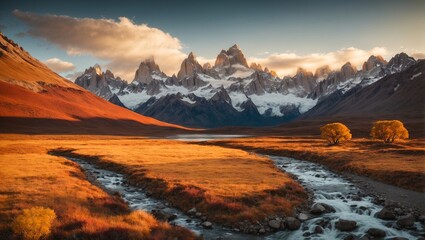 A photograph capturing Mount Fitz Roy in Argentina during a late autumn to winter sunset would likely present a breathtaking sight. The mountain, known for its jagged and imposing peaks. - 708068884