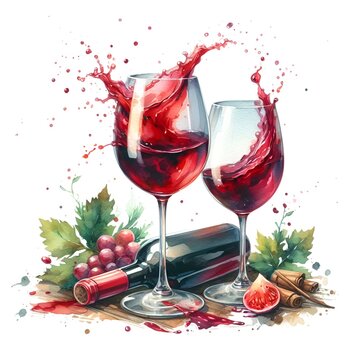 Red wine watercolor paint for holiday card decor