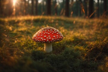 Beautiful fly agaric mushroom in the forest, in the grass at sunset. - 708069002