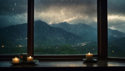 The photograph captures the serene beauty of raindrops gracefully cascading down a windowpane. The blurred view through the window reveals the mesmerizing play of lightning illuminating the night sky. - 708069044