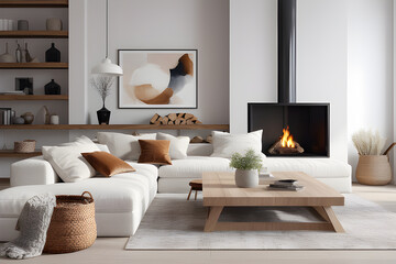 Living room with white wall with wooden furniture and raw wooden table in the center and fireplace