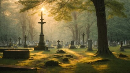 The photograph captures the serene yet haunting beauty of a cemetery nestled within a forest, bathed in the warm hues of a sunset. - 708069090