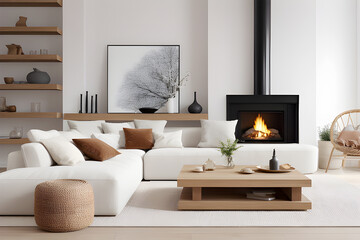 Living room with white wall with wooden furniture and white sofa and table in the center and fireplace