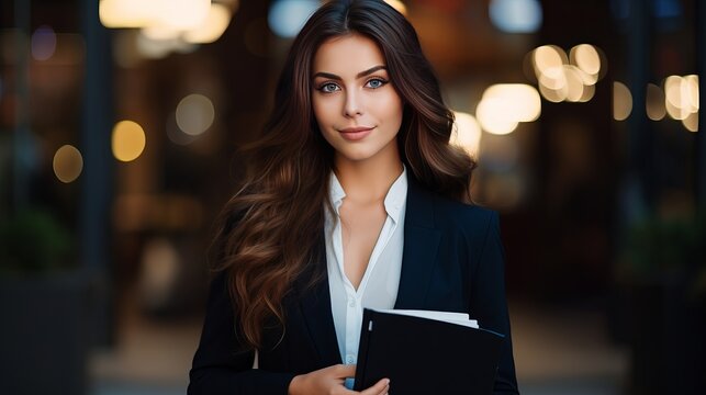The brunette businesswoman, who has wavy long hair and blue eyes, is holding a notebook in her hands.