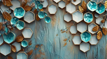 Stickers pour porte Crâne aquarelle 3D mural with white lattice tiles, wooden oak background, tree with turquoise, blue, brown leaves, chamfered hexagons in scratched gold metal, simple floral background. High-quality texture.