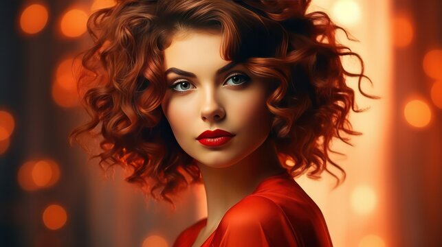 Young woman with red curly hair and glamour makeup
