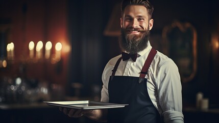 The waiter is bearded and holding a tray while looking away