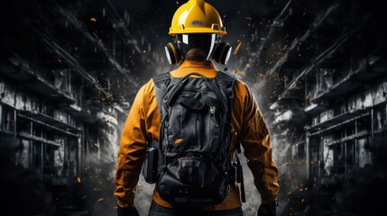 Fototapeta na wymiar Builder man with yellow helmet and black backpack on his back