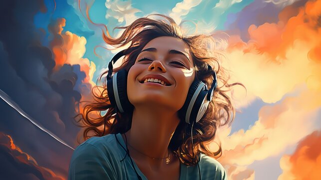 Beautiful young woman listening to music with headphones in the sky