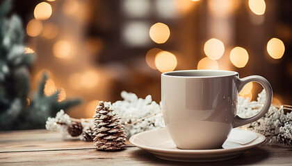 Hot drink on wooden table, cozy winter decoration generated by AI