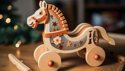 Wooden rocking horse, a cute childhood toy generated by AI