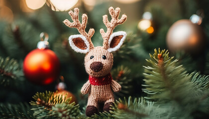 Winter celebration, cute animal toy on Christmas tree generated by AI
