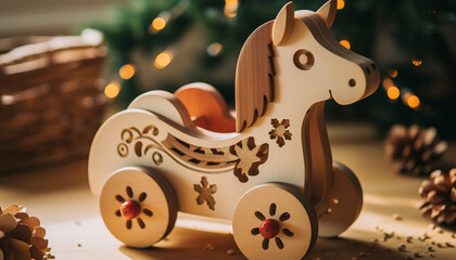 Wooden rocking horse, illuminated by Christmas lights generated by AI