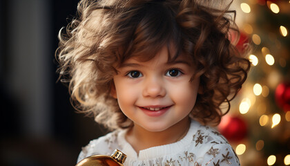 Smiling child holding gift, celebrating joy and happiness generated by AI