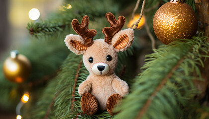Cute animal toy hangs on Christmas tree generated by AI