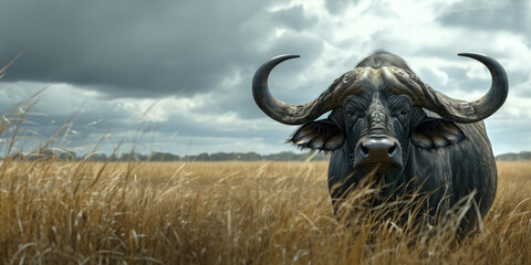 Portrait of a Cape Buffalo in Tall Grass Against Stormy Sky