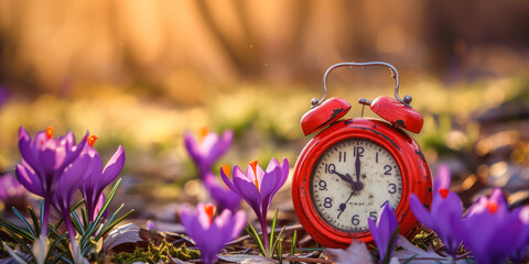 Time Springs Eternal: Vintage Red Alarm Clock Surrounded by Purple Crocuses