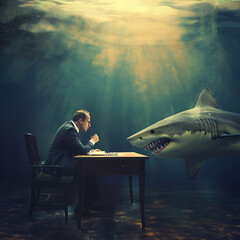 A businessman and a shark under water are having a discussion at the table