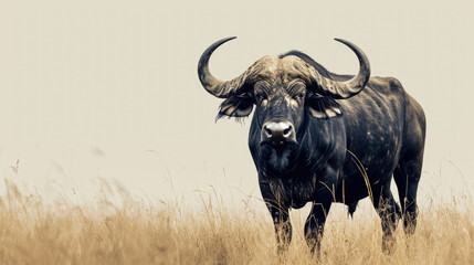 Lone Sentry: African Buffalo Standing in a Dry Grass Field Under a Pastel Sky