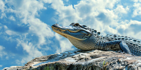 Alligator Sunbathing on Rock with Blue Sky Backdrop - obrazy, fototapety, plakaty